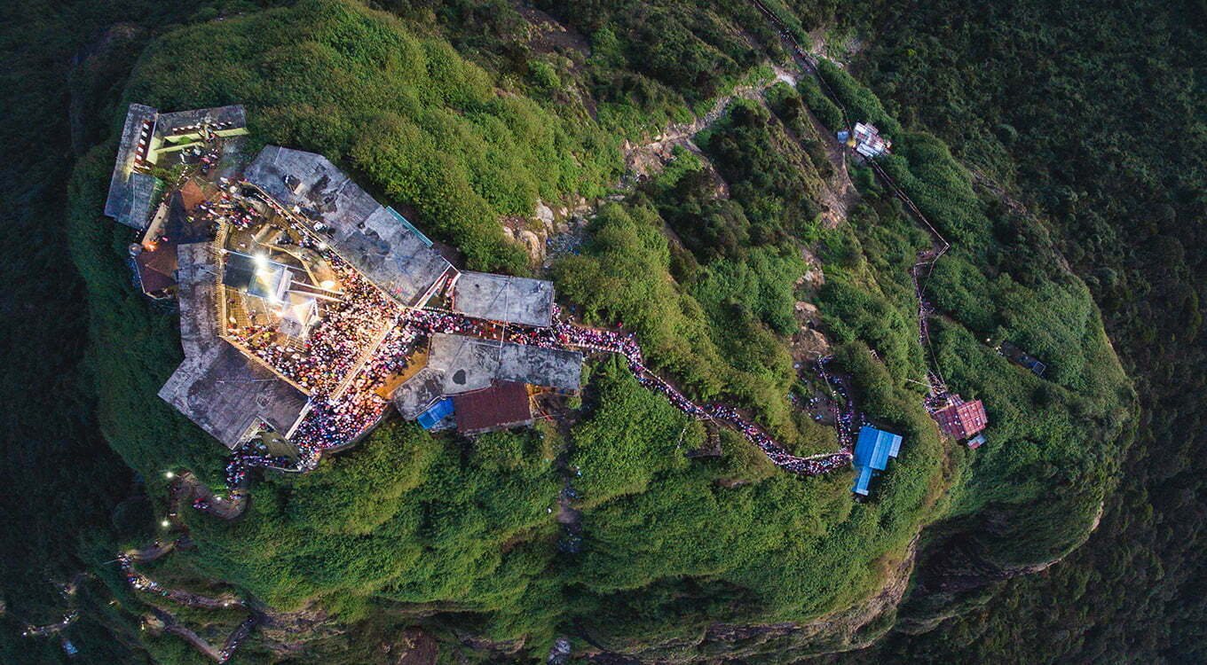Aerial view of Adam's Peak and temple, hiking the mountain.